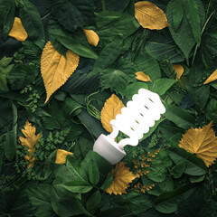 Wall Mural - vibrant green foliage with gold leaves lit by energy efficient lightbulb. concept of environmentally