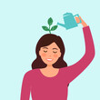 © Orapun - Self care or self compassion concept vector illustration. Mental health or psychological therapy. Woman watering plant on her head in flat design.
