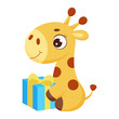Funny little giraffe sitting with gift box. Cute cartoon character for print, greeting cards, baby shower, invitation, wallpapers, home decor. Bright colored childish stock vector illustration.
