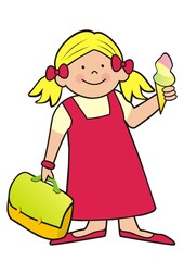 Canvas Print - girl with ice cream and school bag, cute vector illustration	