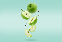Stack Of Green Apple Falling Or Flying.Creative Levitation Food