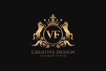 initial VF Retro golden crest with circle and two horses, badge template with scrolls and royal crown - perfect for luxurious branding projects