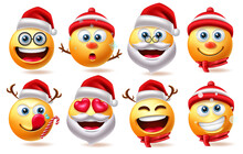 Christmas 3d Smiley Characters Vector Set. Christmas Character Like Santa Claus, Snowman And Emoji Isolated In White Background For Xmas Smileys Avatar Collection Design. Vector Illustration
