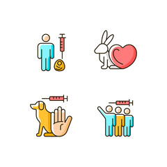 Poster - No animal experiments RGB color icons set. Alternative for pet experimentations in laboratory. Volunteer for human cell test. Isolated vector illustrations. Simple filled line drawings collection