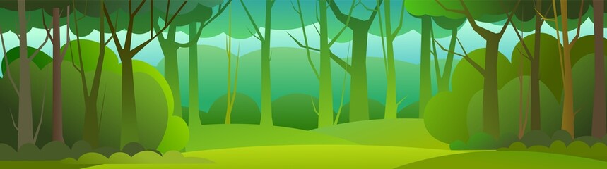 Wall Mural - forest trees vector. dense wild plants with tall, branched trunks. summer green landscape. flat desi