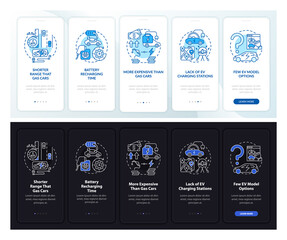 EV bads onboarding mobile app page screen. Electric vehicles comparison walkthrough 5 steps graphic instructions with concepts. UI, UX, GUI vector template with linear day, night mode illustrations