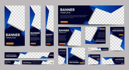Gradient Blue Banner templates set with standard size for web. Business banner with place for photos for Social Media, Cover ads banner, flyer, invitation card. Vector EPS 10