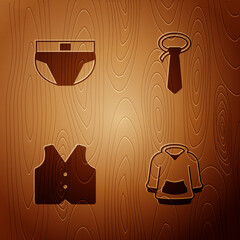 Sticker - Set Hoodie, Men underpants, Waistcoat and Tie on wooden background. Vector