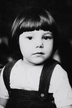 Vintage Portrait Of Little Girl, Black And White. Early 1980s. Old Surface, Soft Focus. Transferred Property, Family Archive.