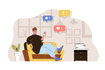 Leinwandbilder - Social network concept. Man browsing posts, likes and comments at smartphone situation. Online communication people scene. Vector illustration with flat character design for website and mobile site