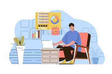 Poster - Work from home concept. Employee works online, freelance at home office situation. Comfortable remote workplace people scene. Vector illustration with flat character design for website and mobile site