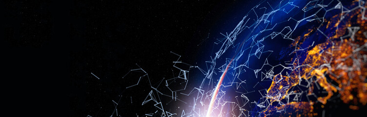 Fototapete - Communication technology for internet business. Global world network and telecommunication on earth cryptocurrency and blockchain and IoT. Elements of this image furnished by NASA.