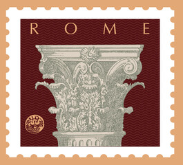 Sticker - Vector image of a postage stamp with a Roman column, made in a graphic style.