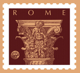 Sticker - Vector image of a postage stamp with a Roman column, made in a graphic style.