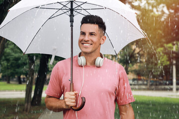 Wall Mural - Man with umbrella walking under rain in park