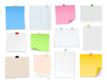 Note Paper With Pin, Binder Clip, Push Pin, Adhesive Tape And Tack. Blank Sheet, Sticky Note, Torn Piece Of Paper And Notebook Page. Templates For A Note Message. Vector Illustration.