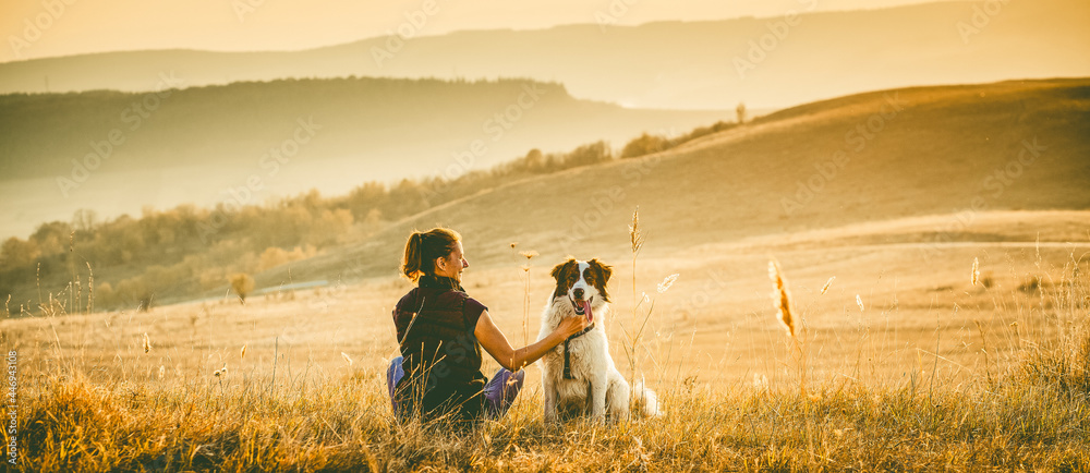 woman with dog relaxing in autumn landscape - obrazy, fototapety, plakaty 