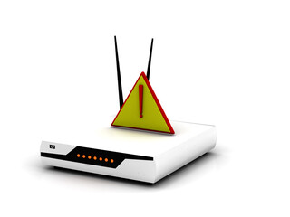 Poster - 3d rendering wifi modem on attention, alert mode, with explanation sign