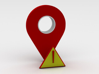 Fototapete - Warning attention concept. Exclamation mark icon on a red color map pointer isolated . 3d illustration