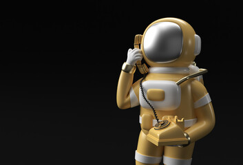 Wall Mural - 3d Render Astronaut calling gesture with old telephone 3d illustration Design.