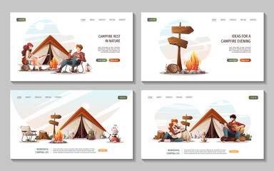 Wall Mural - set of web pages with people sitting in the campsite in nature. summertime camping, traveling, trip,
