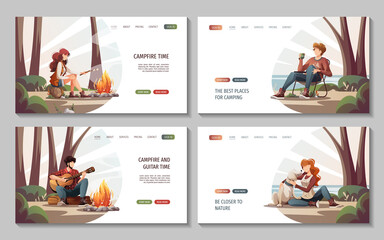 Wall Mural - set of web pages with people sitting in the campsite in nature. summertime camping, traveling, trip,