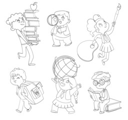 Sticker - Little children holding school stationery. Coloring book