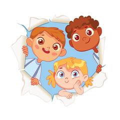 children look through a torn paper hole