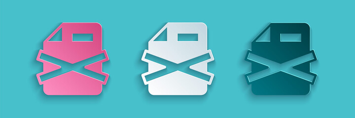 Poster - Paper cut Delete file document icon isolated on blue background. Rejected document icon. Cross on paper. Paper art style. Vector