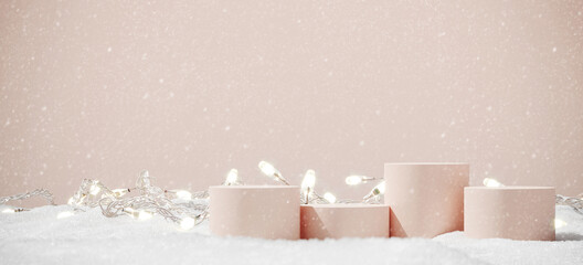 Wall Mural - Minimal product background for Christmas and winter holiday concept. Beige podium, snow falling and garland lights on beige background. 3d render illustration. Clipping path of each element included.