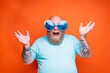 Fat amazed man with beard, tattoos and sunglasses is happy for somwthing