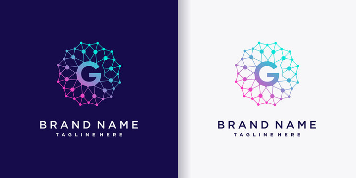 Creative monogram logo design technology initial letter g with line art and dot style