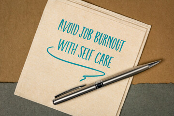 Sticker - avoid job burnout with self care - inspirational advice or reminder on a napkin, work and healthy lifestyle concept