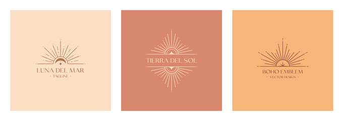 set of vector bohemian logo design templates with sun and sunburst. boho linear icons or symbols in 