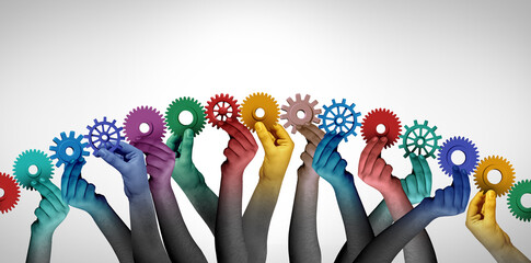 Leinwandbilder - Collaborating together and team collaboration concept or connecting unity teamwork idea as a business metaphor for joining a partnership as diverse people connected as employee cooperation.