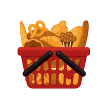 Plastic Red Basket Supermarket With Bread, Roll, Croissant And Storage Container. Vector Grocery Basket Realistic Illustration Isolated On White Background.