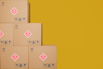 Wall Mural - Dangerous goods, cardboard boxes with markings Flammable Gas on a yellow-brown background. 3d rendering