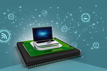 Poster - 3d render Laptop computer with microchips
