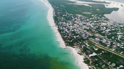 Wall Mural - Aerial view of Holbox island in Mexico. White sand beach and clear blue sea water. Paradise vacation concept. 