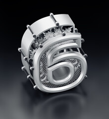 Aufkleber - The Number Six. Orthographic projection of designed in technological style 3D digit which is assembled from mechanical parts and standing on reflective black background. 3d rendering graphics.
