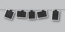 Realistic Retro Photo Templates Suspended On Metal Clips In A Row.