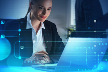 Poster - A woman programmer is typing a code on laptop to protect a cyber