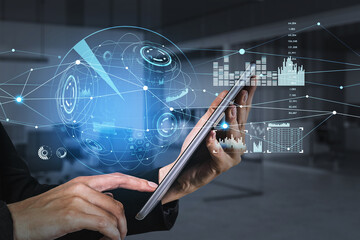 Poster - Tablet device in hands, businessman browse the Internet. HUDs with digital interface, information security and range of graphs and charts. Concept of successful manager and technologies in business