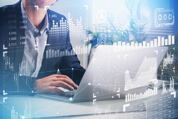 Aufkleber - businessman trader or analyst is sitting at workplace and working on laptop to develop data manageme