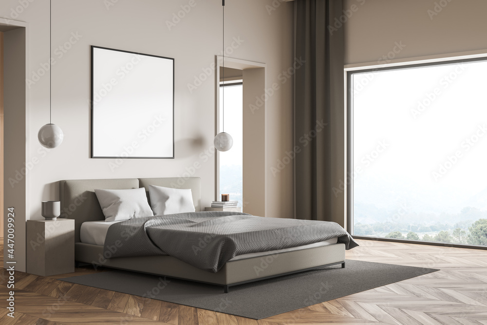 Poster for your design in the panoramic beige bedroom with grey bed - obrazy, fototapety, plakaty 