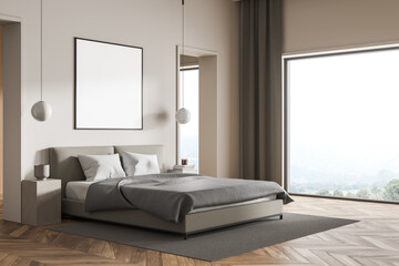 Wall Mural - Poster for your design in the panoramic beige bedroom with grey bed