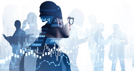 Canvas Print - Businessman in glasses and suit looking at financial graphs, candlesticks and silhouettes of colleagues. Analytics for investment solution. Double exposure. New York skyscrapers cityscape background