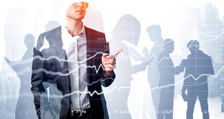 Wall Mural - Businessman in suit pointing out by finger on hologram line graph. Businesspeople silhouette of on background.