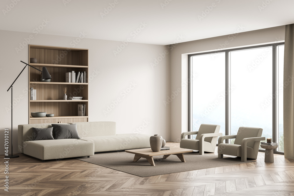 Beige living room with panoramic view and niche bookshelf - obrazy, fototapety, plakaty 
