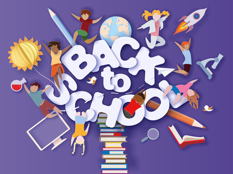 Back to school background . Paper cut cartoon kids